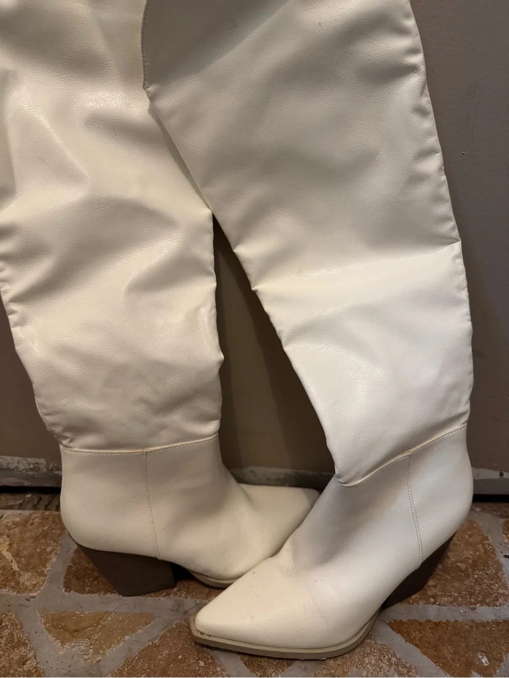 White Knee-High Western Boot with Stacked Heel